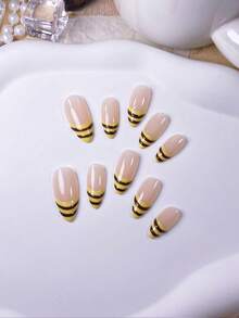 10pcs Handmade Almond-Shaped Yellow & Brown Criss-Cross French Striped Cute Minimalist Chic False Nails - Multicolor - View 6