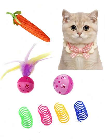 Cat Toy Set, Includes Bell Ball, Feather Toy Ball, Colorful Springs, Sisal Rope Toys, Self-Entertainment & Interactive Cat Toys, Pet Toys/Pet Supplies/Birthday, Holiday Gifts