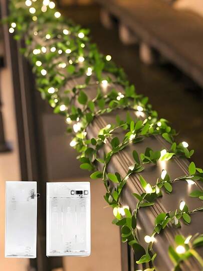 Luces LED de hojas artificiales verdes, guirnalda de luces de mimbre y ratán, 2 metros con 20 luces decoradas con hojas verdes artificiales, muy adecuado para envoltorios de regalo, regalos de Año Nuevo, mesas de postres de boda, decoración de pasteles, fiestas de cumpleaños, guirnalda decorativa de luces (batería transparente), Navidad.