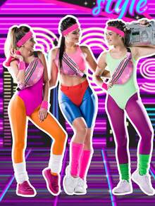 D EXCEED 5/6件套80年代女士运动服饰配件 – 头带、腕带、腰包、腿套、半透明纯色连裤袜，适用于瑜伽、户外运动、80年代主题团体运动服、节日礼物 - 彩色 - 查看 8