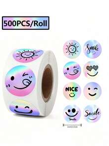 1 Rolls 500pcs/Roll Holographic Rainbow Smiling Face Sticker Labels, Round Stickers For Scrapbooking, Book, Stationery, Gift, Cookie, Cake Packaging, Waterproof Envelope Seals, Wedding Stickers, Small Business Supplies - Multicolor - View 1