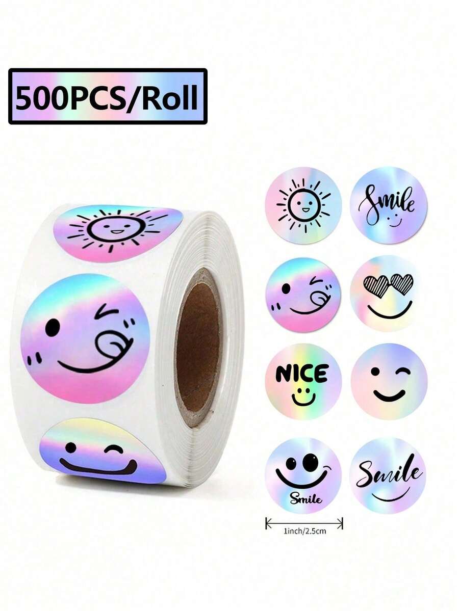 1 Rolls 500pcs/Roll Holographic Rainbow Smiling Face Sticker Labels, Round Stickers For Scrapbooking, Book, Stationery, Gift, Cookie, Cake Packaging, Waterproof Envelope Seals, Wedding Stickers, Small Business Supplies - Multicolor - View 1
