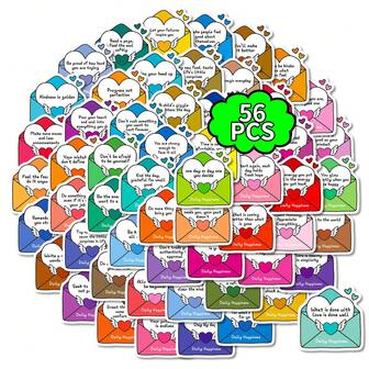 56张快乐日常创意信封贴纸、自粘纸贴纸、票根贴纸、涂鸦贴纸、装饰行李箱、摩托车和笔记本贴纸