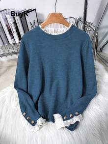 [Tops] BuyK Elegant Lace Trim Crew Neck Long Sleeve Knit Sweater For Women, Fashionable Gold Button Decor Blouse - Blue - View 1