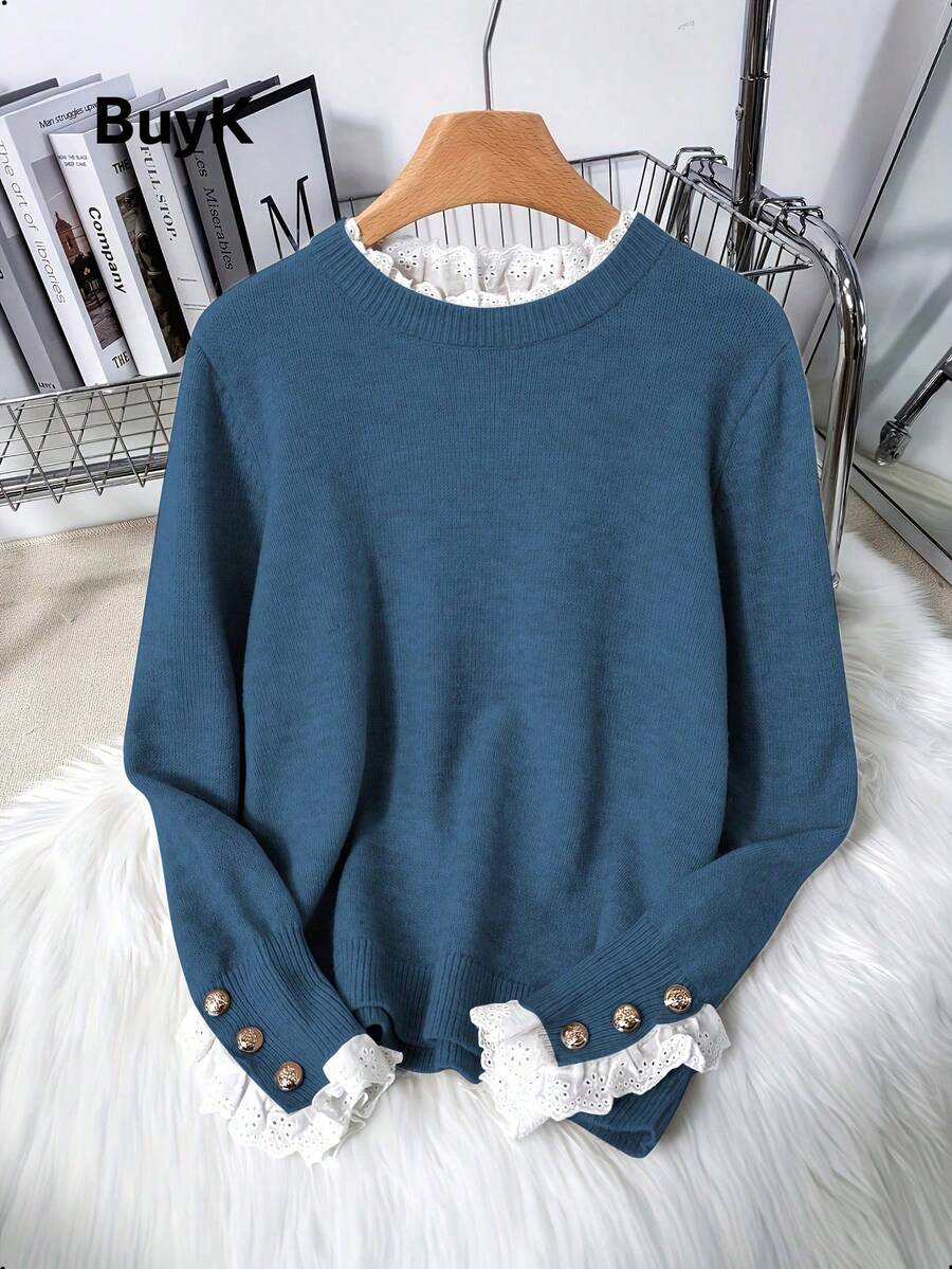 [Tops] BuyK Elegant Lace Trim Crew Neck Long Sleeve Knit Sweater For Women, Fashionable Gold Button Decor Blouse - Blue - View 1