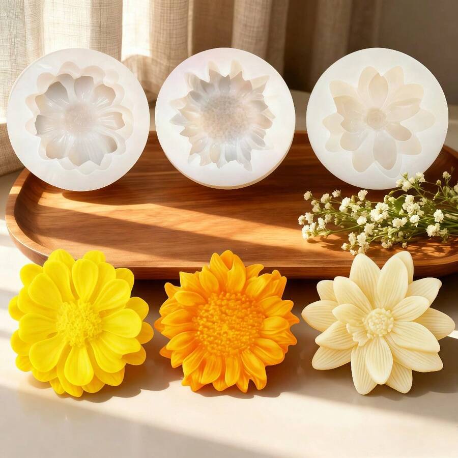 3个迷你雏菊硅胶蜡烛模具,向日葵造型树脂硅胶模具,适用于DIY蜡烛、肥皂、石膏工艺品、家居装饰 - 白色 - 查看 1