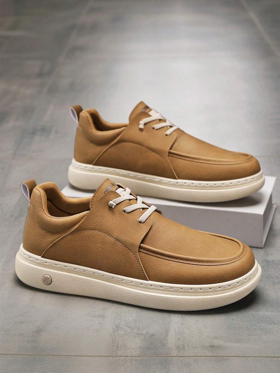 4 Season New Men Comfortable Soft Bottom Sneakers Casual Loafers Leather Shoes Office Shoes Versatile Fashion Shoes Travel Shoes Slip-On Moccasins Slouchy Shoes Lace-Up Metal Eyelets - Khaki - View 1