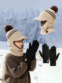 儿童帽子和保暖手套两件套 - 秋冬季护耳护颈连体手套，男女童通用，可爱毛球针织帽，冬季保暖加厚帽，适合日常出行、户外骑行、徒步、雪地旅行，适合2-6岁儿童，是送给孩子的礼物。 - 彩色 - 查看 10