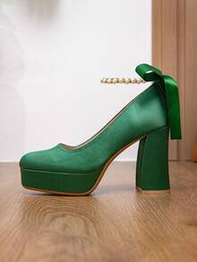 时尚珍珠蝴蝶结新娘鞋、伴娘鞋，军绿色超柔软缎面防水厚底圆头高跟鞋，女士款 - 綠色 - 查看 15