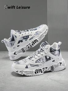 Men's Fashion Colorblock Random Graffiti Letter Patchwork Front Lace-Up High Top Sneakers, Comfortable Casual Outdoor Shoes For Hiphop Youths