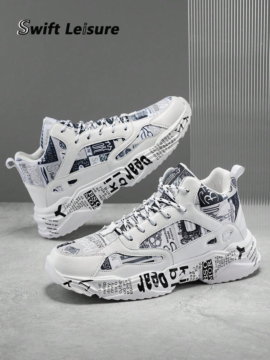 Men's Fashion Colorblock Random Graffiti Letter Patchwork Front Lace-Up High Top Sneakers, Comfortable Casual Outdoor Shoes For Hiphop Youths