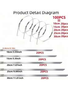 Conjunto de 100 abraçadeiras de aço inoxidável de alta resistência em tamanhos variados - À prova de ferrugem, com travamento automático, resistentes à corrosão e ferrugem, duráveis em aço inoxidável 304, brancas, pacote combinado, abraçadeiras multiuso com travamento automático, adequadas para máquinas, veículos, revestimento de tubos de escape e uso externo. - Pacote com 100 unidades (4/6/8/10/12 polegadas) - Ver 2