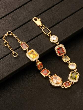 1pc Luxury Style Copper Inlaid Cubic Zirconia Colorful Multi-Shape Linked Men's Bracelet, Party & Daily Accessory, Valentine's Gift