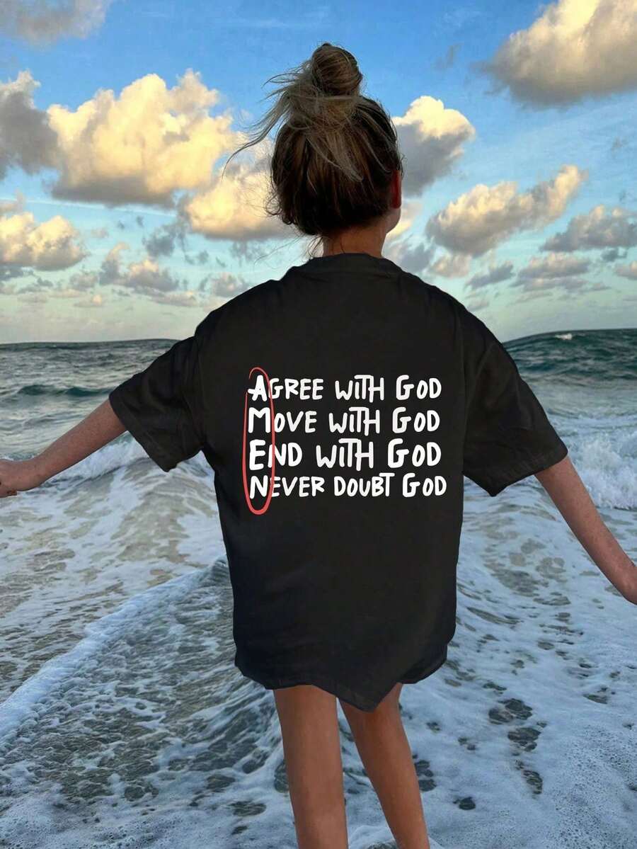 Tween Girl Casual Funny Print Crew Neck Short Sleeve T-Shirt Summer Tops - Black - View 1