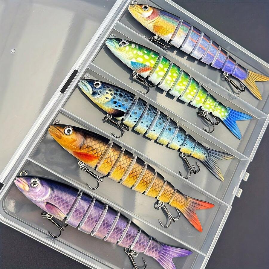 Set de 5 señuelos de pesca multiusos con caja de almacenamiento impermeable - Señuelos de buceo de varias secciones adecuados para lanzamiento a larga distancia, en varios colores (atún, caballa, trucha, lubina, róbalo) - Set de cebo de pesca biónico para agua dulce y salada, adecuado para principiantes y pescadores profesionales, aplicable para lubina, trucha, salmón, róbalo - Duradero y fácil de usar
