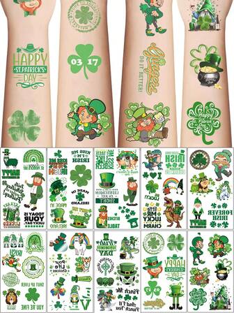 10Pcs St. Patrick's Day Temporary Tattoo Stickers Waterproof Party Gift Funny Face Stickers Irish National Day Holiday Decorations Carnival Accessories