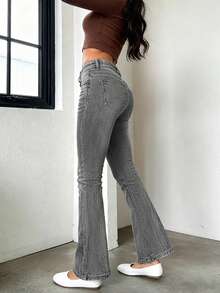 新款跨境女式基础款美式低腰双扣喇叭牛仔裤，四季皆宜 - 深灰色 - 查看 3