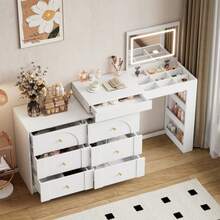 Rotating Dressing Table With LED Lighting, Vanity Table, Office Table, White, 105*40*80cm (Old:SKU:N657P24679091W) - White - View 2