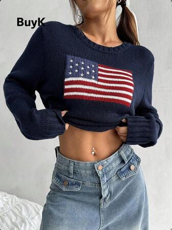 BuyK [Topper] BuyK Retro amerikansk flaggmönstrad tröja för kvinnor, höst/vinter nytt modeplagg, streetwear beskuren silhuett, långärmad stickad design, skapa enkelt snygga och iögonfallande looks, lämplig för europeiska och amerikanska estetik och outfits.
