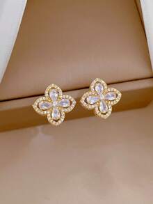 一套不锈钢锆石四叶花吊坠项链和耳环首饰，百搭奢华优雅设计，礼品配饰 - 金色 - 查看 4