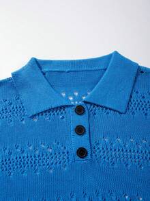 ANDREILEE Men's Casual Loose Hollow Breathable Vacation Style Polo Collar Pullover Short Sleeve Knit Top, Spring & Summer - Blue - View 4