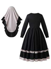 XUMPLO 2pcs/Set Girls Modest Bowknot Ruffle Long Sleeve Maxi Abaya Dress With Hijab Headscarf - Multicolor - View 3