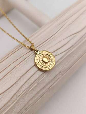 1 pieza Collar con colgante redondo de acero inoxidable minimalista con forma de luna creciente, estrella y sol dorados