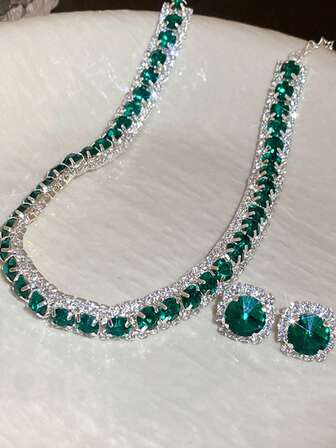 2pcs/Set Green Square Earrings & Necklace With Rhinestones, Elegant Earring Chain Jewelry Set For Women, & Versatile