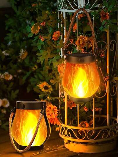 2PCS Realistic Dancing Flame Effect Solar Powered Outdoor Hanging Lantern Home Decor, Waterproof Wireless LED Torch Light Auto Dusk To Dawn On/Off, No Real Fire Warm Amber Glow For Porch Pergola Tree Branch Garden Pathway, For Creating Cozy Atmosphere, Garden Lighting LED Lamp