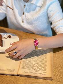 1件新款时尚女士金色手镯手表，复古奢华简约优雅百搭石英表 - 漸層粉 - 查看 5