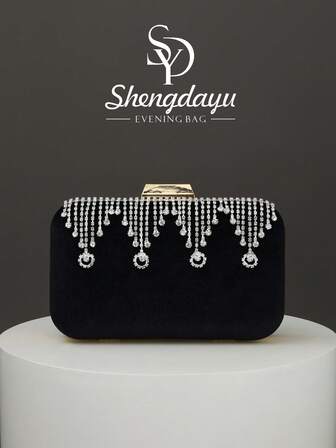 1 pieza Bolso de mano de terciopelo brillante para la noche SHENGDAYU 2025 de otoño/invierno, elegante bolso de fiesta de moda con decoración de rhinestones, bolso de novia para boda, fiesta, baile de graduación, San Valentín, bolso bandolera, bolso de maquillaje