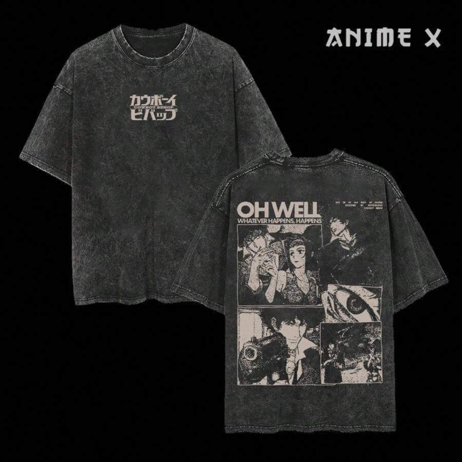 Retro Vintage Cowboy Bebop Anime Double Printed  Washed-Shirt Unisex Mineral Anime Manga Washed Heavy Cotton-Shirt, Anime Fan Lover - 黑色 - 查看 1