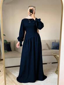 Women's Elegant Asymmetric Hem Casual Dress With Stand Collar, Tie Waist And Ruched Skirt, Suitable For All Seasons - Navy Blue - View 1