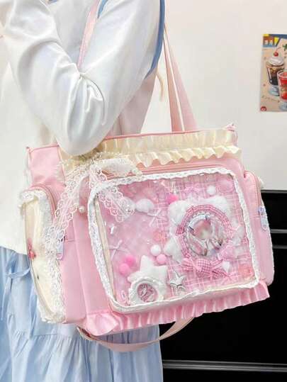 1个可爱蕾丝荷叶边装饰单肩包，透明层休闲手提包，配有可拆卸可调节肩带，可爱优雅的设计，适合女孩，适合上学和日常使用。