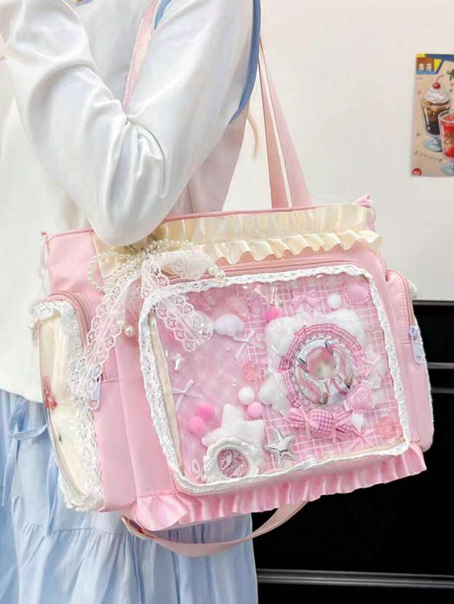 1件女款軟妹多巴胺百搭單肩包，抓皺蕾絲飾邊凸顯精緻優雅，動漫JK Cosplay DIY透明裝飾包，蕾絲雙側口袋透明層日常休閒大容量托特包，長款可拆卸可調節斜挎肩帶，可愛甜美風女包