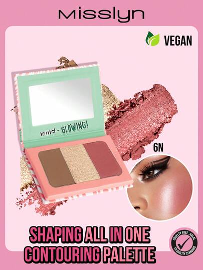 Misslyn Shaping All In One Contouring Palette, Three-Color Contouring Palette, Highlight Shadow, Blush, Nose Shadow, Silhouette, Female Face Brightening Three-In-One Palette,Face Cheek Contour Palette Highlighting Blush,Multipurpose Makeup Palette