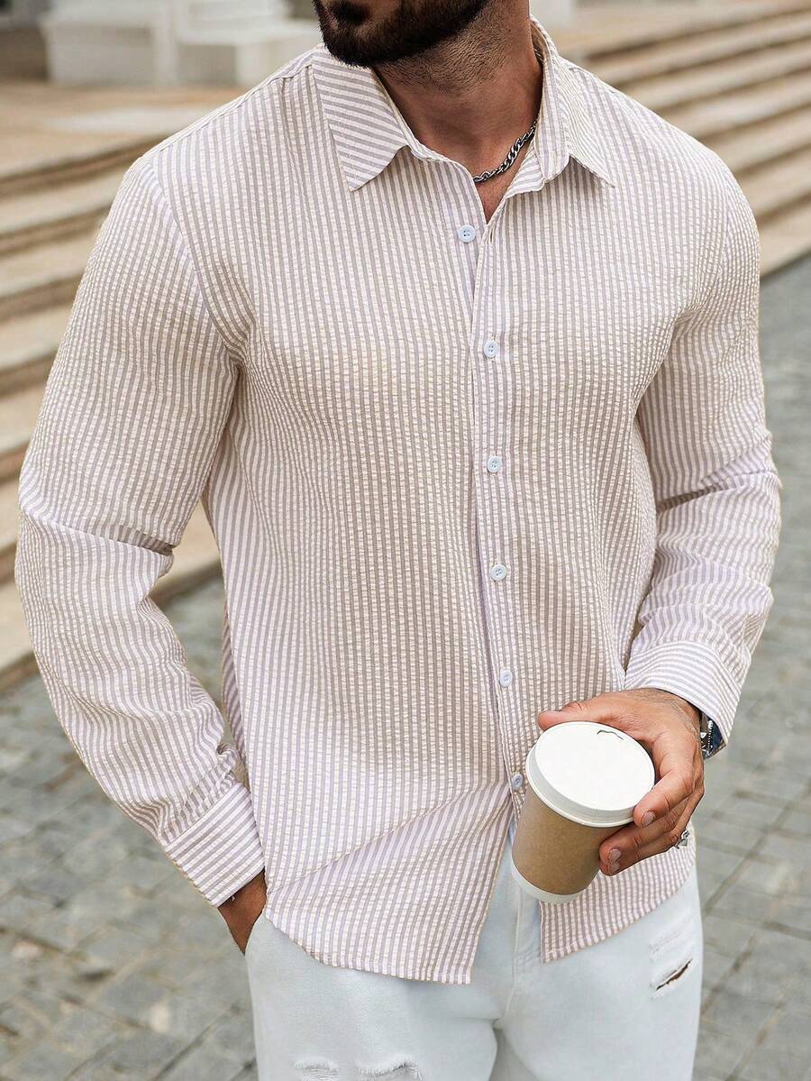 Men's Casual Stylish Long Sleeve Button-Down Collar Shirt, Distinctive & Comfortable, Essential Menswear For Spring/Autumn Casual Wear, Simple Design - Khaki - View 1