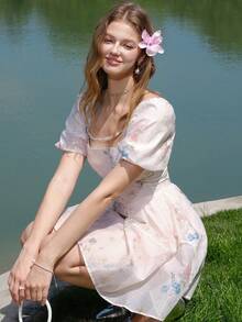 Women's Elegant Floral Print Puff Sleeve Waist Tie Midi Dress, Summer - Beige - View 6