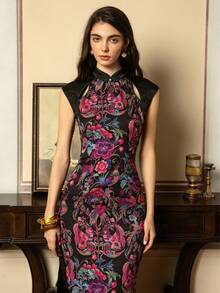 现代中式女式旗袍 - 小立领、短袖、侧开衩、无缝撞色拼接、牡丹花刺绣 - 适合国宴、高级时装晚会、奢华招待会、正式颁奖典礼、盛大婚礼庆典及新年礼服 - 黑色 - 查看 6