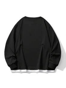 طقم تي شيرت بأكمام طويلة وبنطلون، تي شيرت بأكمام طويلة 2 في 1، بنطلون كاجوال ذو ساق مستقيمة، مناسب للربيع، مقاسات كبيرة - الأسود - مشاهدة 5