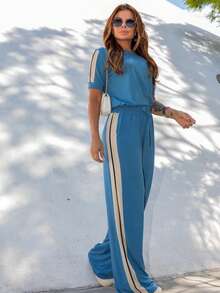 Women's Basic Pants And Blouse Set With Side Stripe. - Dusty Blue - View 1