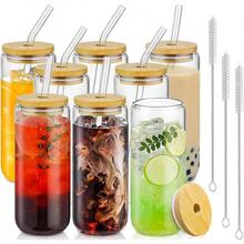 8 PCS 16 Onzas Vasos de Vidrio para Beber, Tipo Lata De Vidrio Con Tapas Popotes Y Cepillo De Limpieza, para Cerveza Taza de Cctel Adecuados de Caf Helado Vasos, Copas Cola Y Zumo 8 - 8 - Ver 2