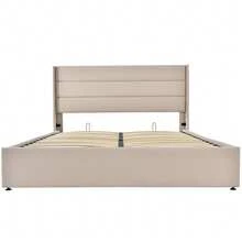 Storage Bed, Upholstered Bed, Hydraulic Double Bed 140x200cm, Wooden Slatted Base, Bed With Metal Slatted Base, Linen, Beige