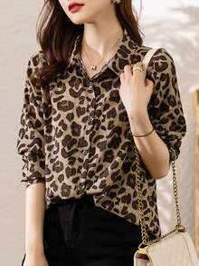 YUXIN 女士春夏复古豹纹衬衫，翻领长袖宽松款，适合日常外出/轻度社交场合，透气修身时尚上衣 - 咖啡 - 查看 5