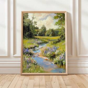 1pc/Set Wildflower Meadow Wall Art, Stream Landscape Art Poster, Floral Nature Art, Countryside Stream And Trees Landscape Painting, Rustic Farmhouse Nature Decor, Home Decor Living Room, Wall Decor, No Frame