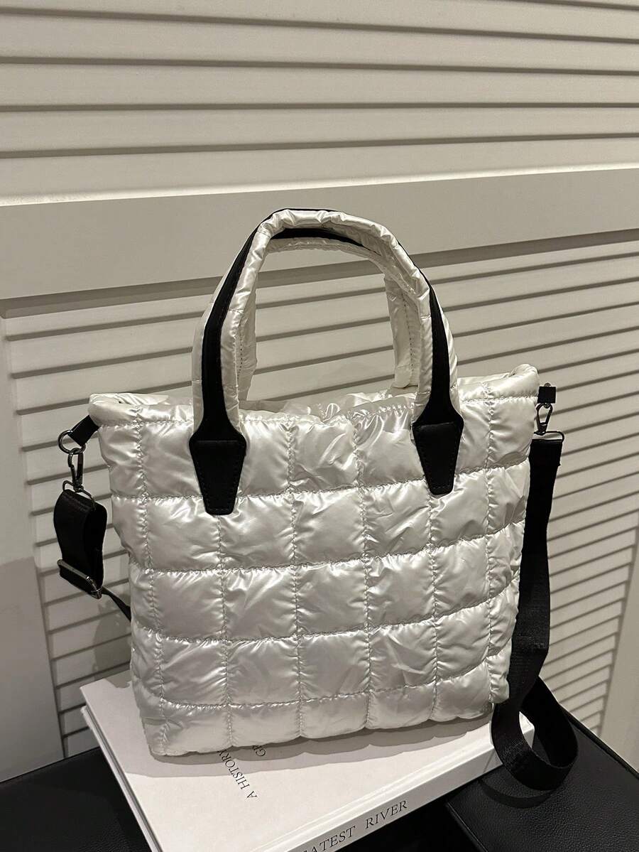 New Design Large Capacity Embroidered Plaid Cotton Handbag, Fashionable Tote Shoulder Bag, Lightweight For Women