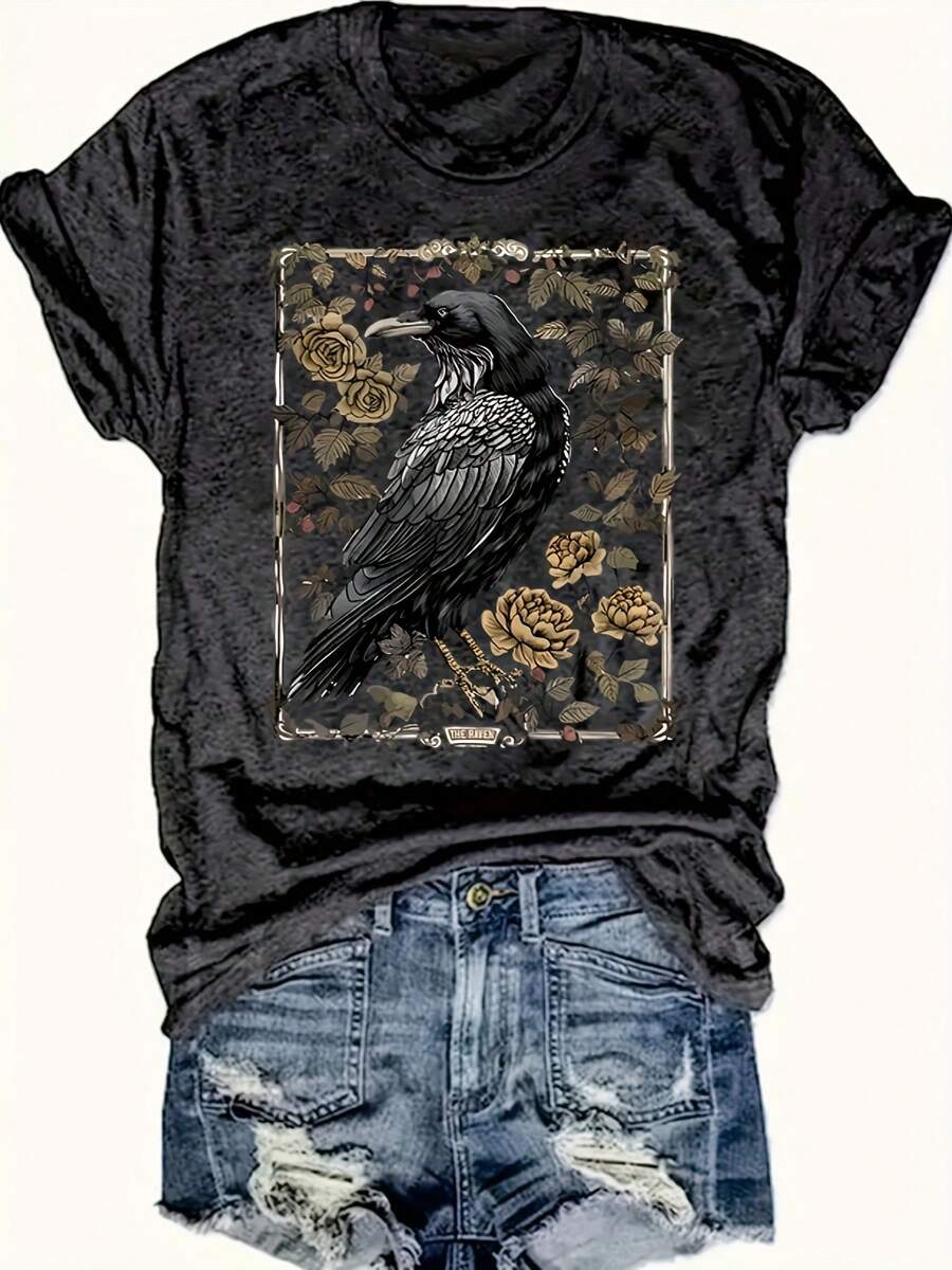 Gothic Crow Pattern, Dark Style, Crow And Dark Yellow Rose, Soft, Round Neck, Women's Fashion Short Sleeve Top, Machine Washable, Unisex - Màu xám đen - Xem 1