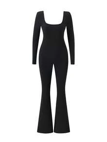 AiTyi 女士连体裤，修身、休闲、露背、时尚、性感、显瘦、舒适，适合运动、户外、通勤等场合，百搭，适合毕业典礼、圣诞节、新年、感恩节、秋冬季节穿着，镂空、弹力、针织、长袖、喇叭裤腿连体裤，黑色，春季优雅款 - 黑色 - 查看 10