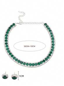 2pcs/Set Green Square Earrings & Necklace With Rhinestones, Elegant Earring Chain Jewelry Set For Women, & Versatile - Dark Green - View 4