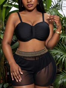 Slaydiva Plus Size Women's Sexy Beach Vacation Style Contrast Trim Sheer Cover-Up Shorts - Black - View 4